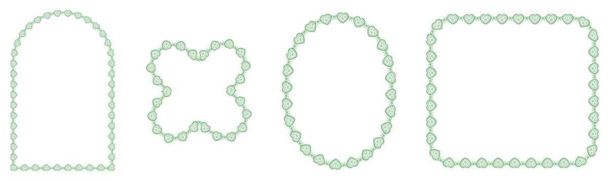 Soft green heart lace borders shape arch, quatrefoil, oval plus rounded square frames with ornate crochet detail as decorative romantic set isolated on white background for stationery crafts.