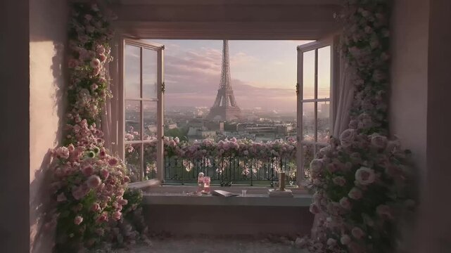 Paris, France, Europe. A vivid portrayal of the Eiffel Tower in Paris, France, bathed in the soft glow of the setting sun. The scene is set in a room with a balcony overlooking the city.