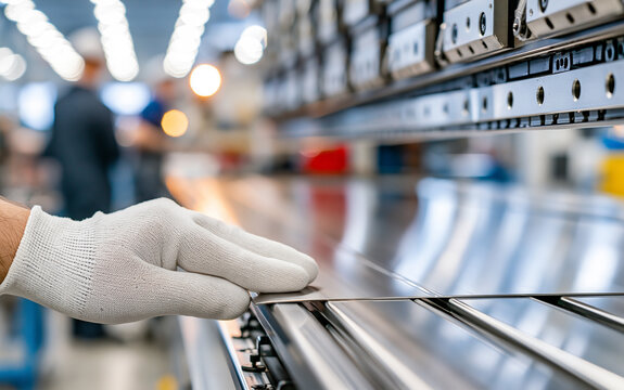 Factory worker placing metal sheet into machine