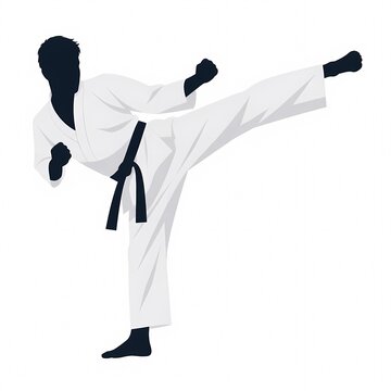 Flat vector illustration of a faceless martial artist silhouette performing a high kick in white gi