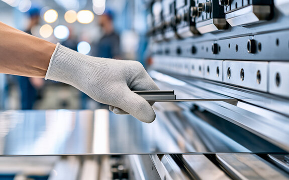 Factory worker placing metal sheet into machine