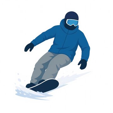 Flat vector illustration of a faceless snowboarder in blue jacket riding on white background