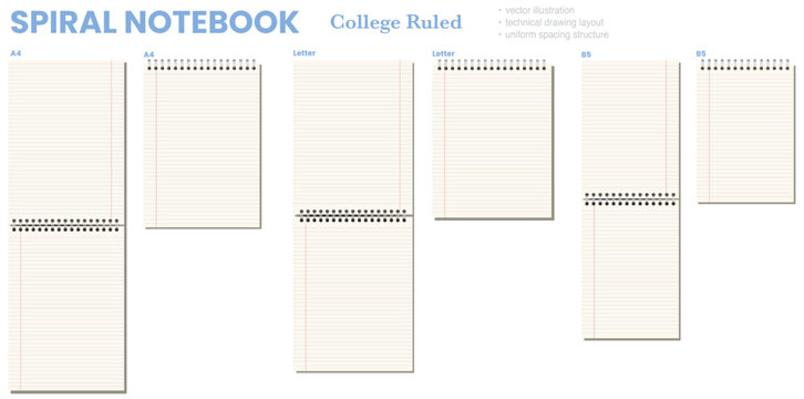 Ivory college ruled notebook page shows blue horizontal ruling plus red margin, black wire binding, and varied formats on light gray background. Suitable for schoolwork, planning, stationery layouts,
