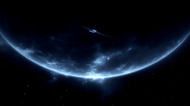 Curved Earth from deep space with glowing blue atmosphere, starfield, aircraft trail, cinematic sci-fi backdrop for tech, science, and sustainability designs,Artemis explore style