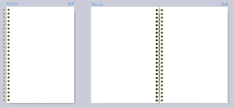 White blank notebook page shows unruled surface, black wire binding, and upright horizontal formats on background. Suitable for schoolwork, planning, stationery layouts, notes and printable