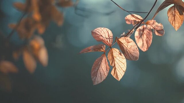 Dried autumn leaves against a soft blue bokeh background.