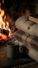 Naklejka premium Steaming mug beside folded wool sweaters and vintage book by fireplace cozy lifestyle home decor