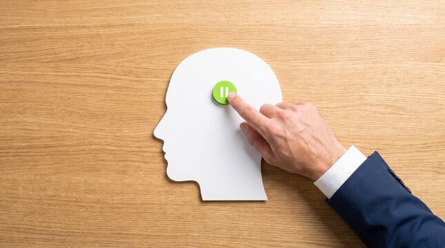 pause from work mindfulness Business professional pressing pause button on conceptual human head silhouette for mindfulness and mental health concept
