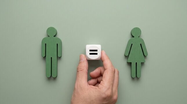 Gender equality concept with wooden figures and equal sign