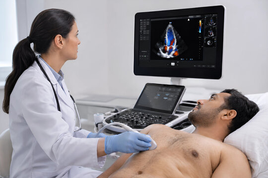 Female cardiologist performing an echocardiogram ultrasound on a male patient