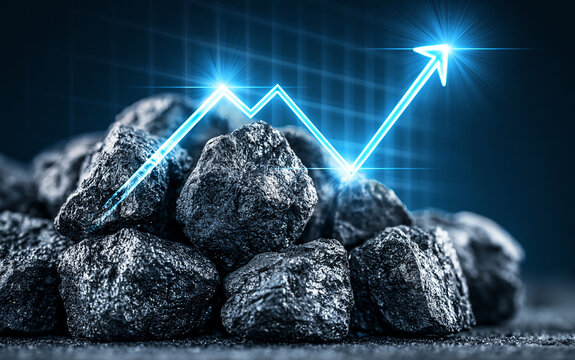 Heap of black coal with ascending blue arrow graph over dark background