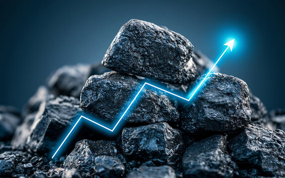 Heap of black coal with ascending blue arrow graph over dark background