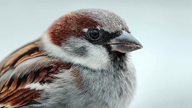 Close up portrait of house sparrow in winter snow