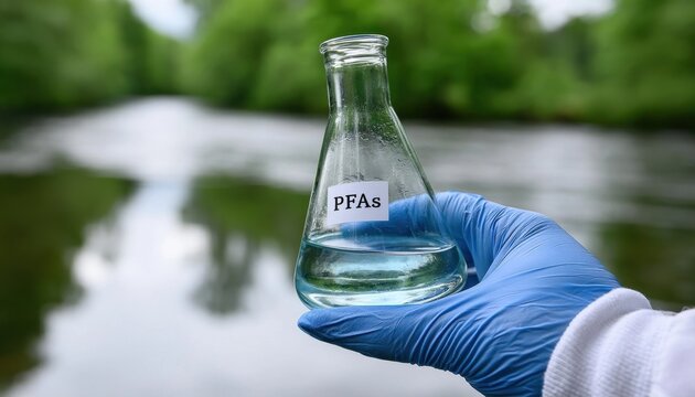 Scientist holding an erlenmeyer flask containing pfas-labeled liquid sample near a natural river