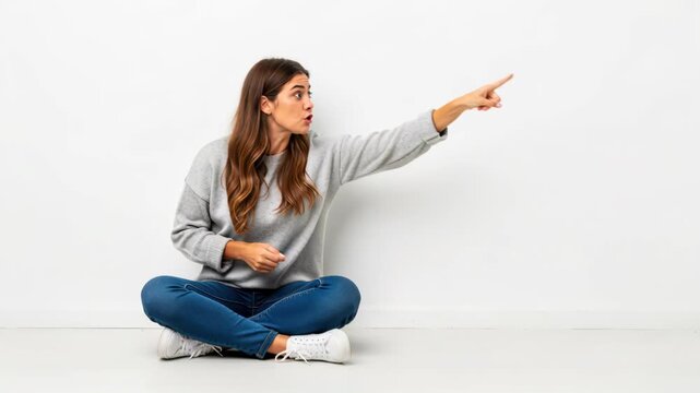 Woman Pointing with Surprise: A young woman sitting cross-legged on the floor, looking off to the side with a surprised expression and pointing with her index finger.