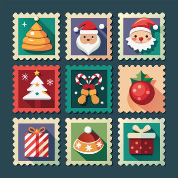 Vintage Christmas Postage Stamp Collection, Retro Holiday Greeting Cards and Festive Winter Vector Set