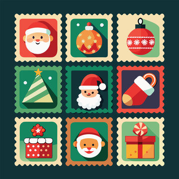 Vintage Christmas Postage Stamp Collection, Retro Holiday Greeting Cards and Festive Winter Vector Set