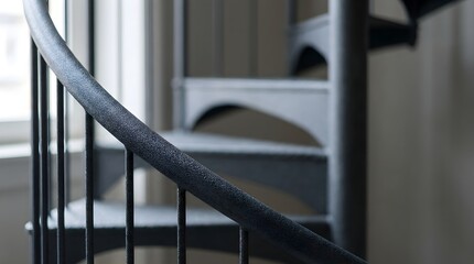 Naklejka premium Elegant modern black metal spiral staircase indoors featuring curved lines and industrial architecture