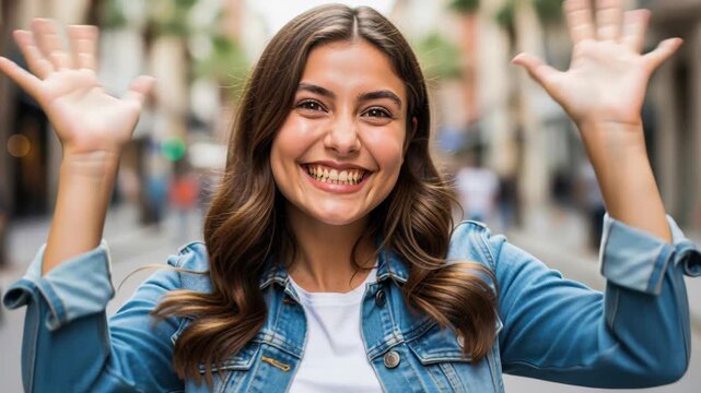 Joyful Greeting: A young woman with a radiant smile and flowing brown hair joyfully raises her hands, extending a warm welcome to the viewer.