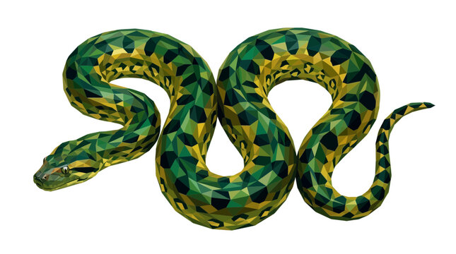 Low poly green snake illustration on transparent background