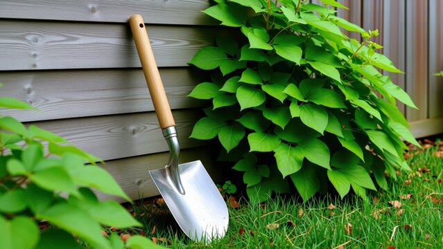 Gardening tool with wooden handle and metal blade leaning against a grey wooden fence next to lush green foliage and grass