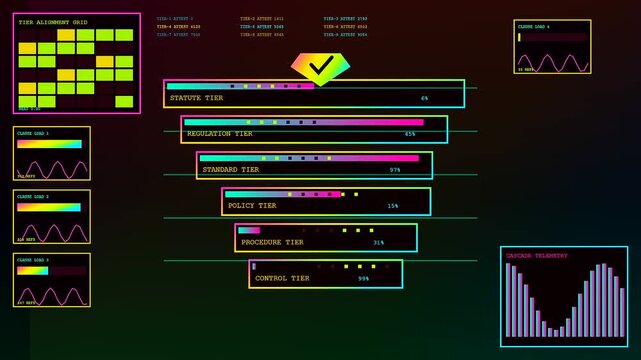 A digital compliance mapping interface displays fluctuating progress bars and vibrant neon grid patterns as data modules shift dynamically across the three panel screen display