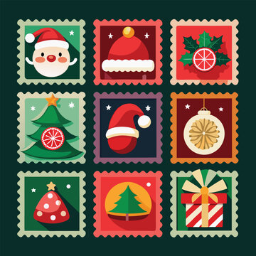 Vintage Christmas Postage Stamp Collection, Retro Holiday Greeting Cards and Festive Winter Vector Set
