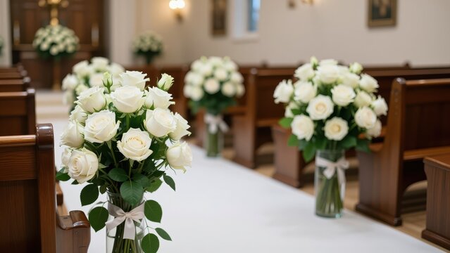 Elegant floral arrangements of white roses and greenery in glass vases with white ribbons, decorated inside a church for a wedding ceremony