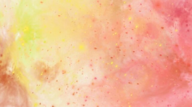 Peach and coral watercolor texture with scattered paint speckles in motion.