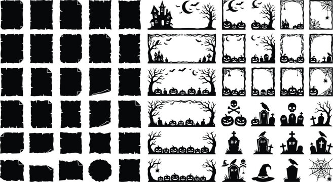Halloween silhouette graphic collection featuring spooky pumpkins haunted house borders
