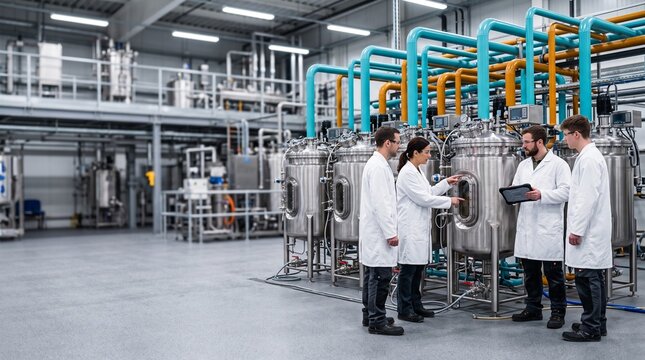 Technicians inspect a precision fermentation pilot plant