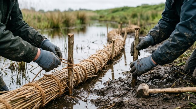 Hands secure reed barriers for wetland bank restoration
