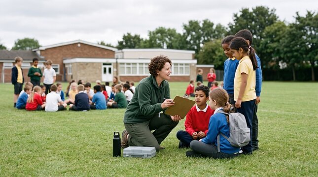 Teacher checks a calm school assembly after evacuation drill