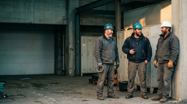 Skilled trade crew in fitted protective clothing after work
