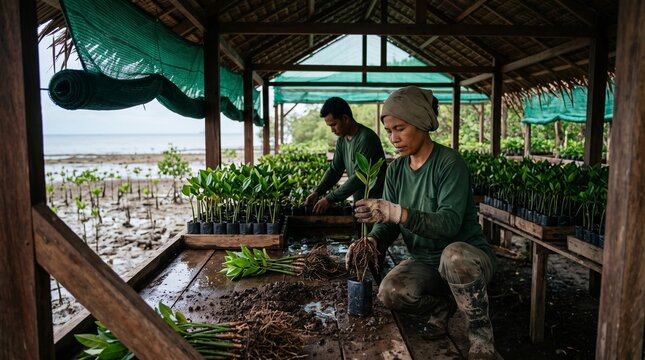 Nursery team prepares mangrove seedlings for coastal planting
