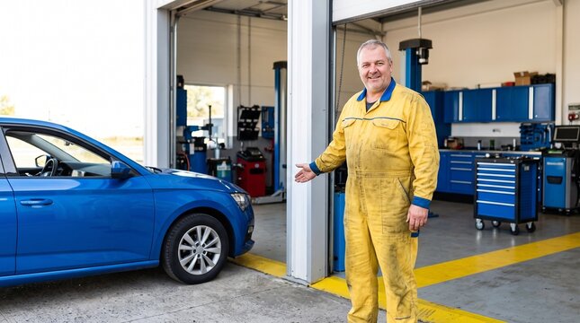 Confident mechanic welcomes clients at a bright auto workshop
