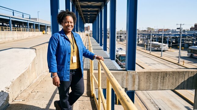 Inclusive transit worker beside cobalt depot architecture in midday sun