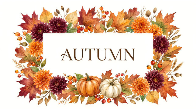 Beautiful watercolor autumn frame featuring falling leaves pumpkins and an elegant autumn calligraphy design