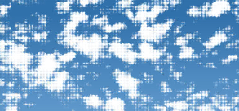 Blue Sky Background with Halftone Summer Clouds. Vector Half Tone Effect Bg. Abstract Cloud with Pixel Pattern. Manga Book Anime Pop Art Texture