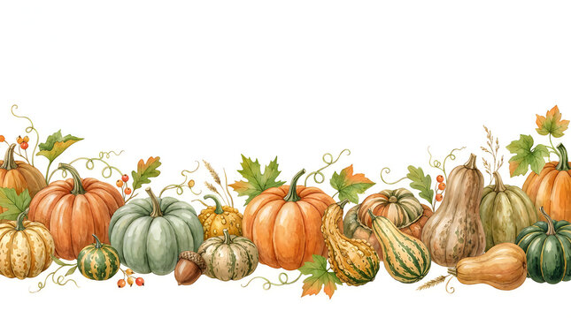 Beautiful watercolor painting depicting a colorful autumn harvest scene with pumpkins gourds and vibrant fall foliage