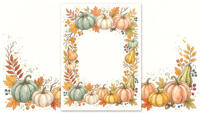 Beautiful watercolor autumn frame featuring pumpkins colorful leaves and delicate floral elements perfect for fall season designs
