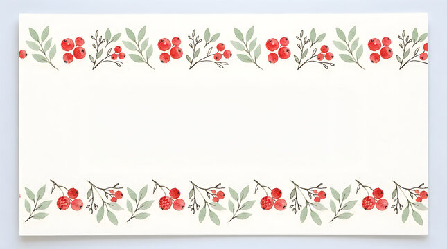 A beautiful watercolor floral border features vibrant red berries and lush green leaves on a soft cream backdrop