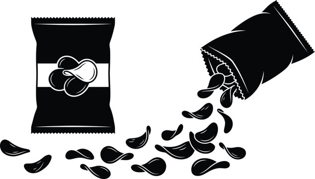 Potato chips packaging bag vector illustration with falling crisp snack
