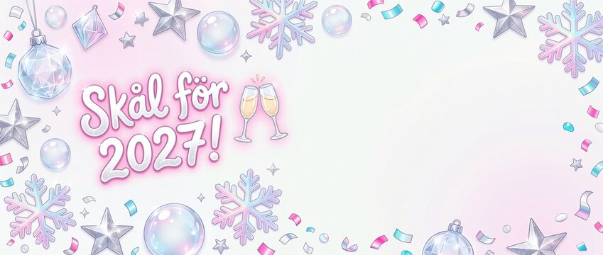 Swedish New Year 2027 greeting with text Sk&aring;l f&ouml;r 2027, festive Swedish design with champagne glasses, winter motifs and generous copy space