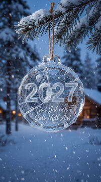 God Jul och Gott Nytt &Aring;r 2027 Swedish Christmas and New Year greeting on an ice ornament hanging from a snowy fir branch in a winter landscape