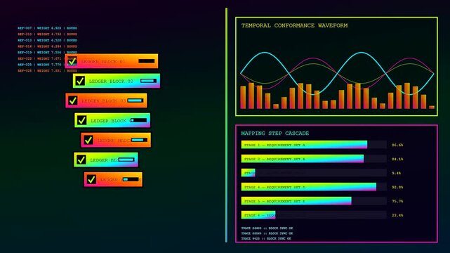A digital compliance mapping interface displays fluctuating data waveforms and progress bars with vibrant neon color gradients against a dark void space for analytical software development
