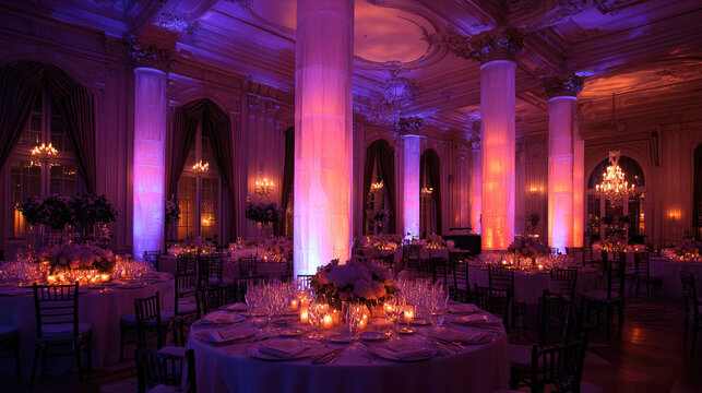 Elegant Ballroom Reception with Vibrant Purple and Orange Uplighting
