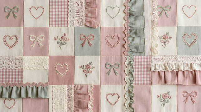 Pastel rose checkered grid pattern featuring delicate love symbols with traditional country textiles and wavy decorative edges alongside romantic textured accents with frills  pattern gingham