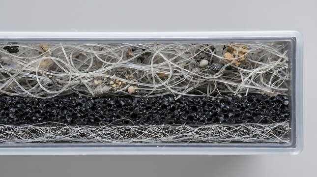 Macro view of multi-layer air purification filter fibers and activated carbon particles