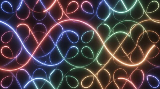 Neon glowing light trails weaving intricate patterns in this dynamic digital motion video footage featuring vibrant swirling colorful spectrum lines